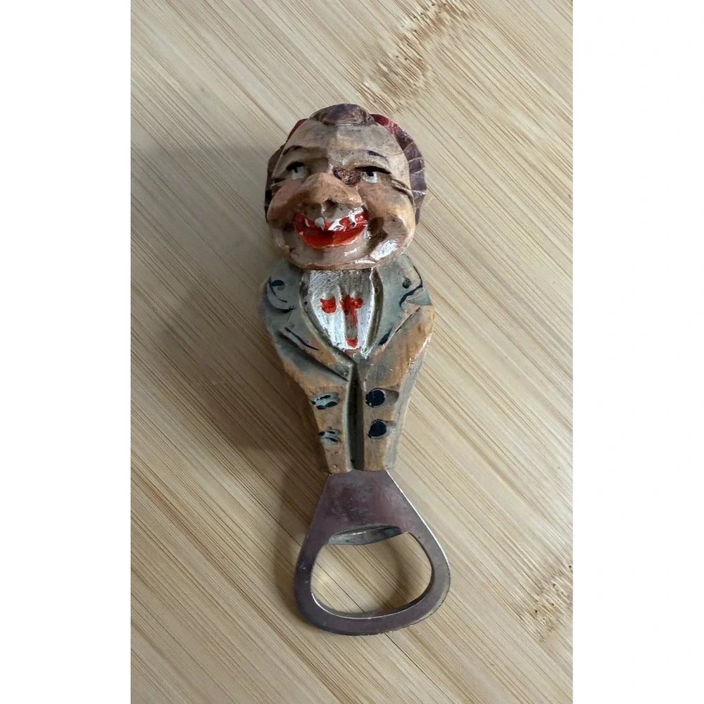 Vintage Hand-Carved Wooden Figural Bottle Opener Whimsical Man European Folk Art